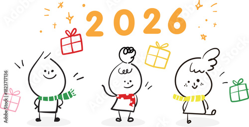 (Happy Holiday Xmas, gifts) 2026 hand drawn party icons. Vector illustration.