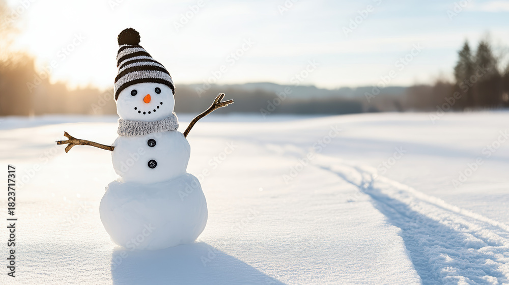 Fototapeta premium Snowman, snow, winter, hat, scarf, carrot, button