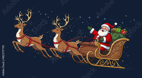 Santa Claus in Sleigh Pulled by Reindeer Flying Through Starry Night.