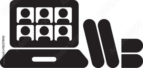 Laptop screen displaying video conference with multiple participants and books silhouette