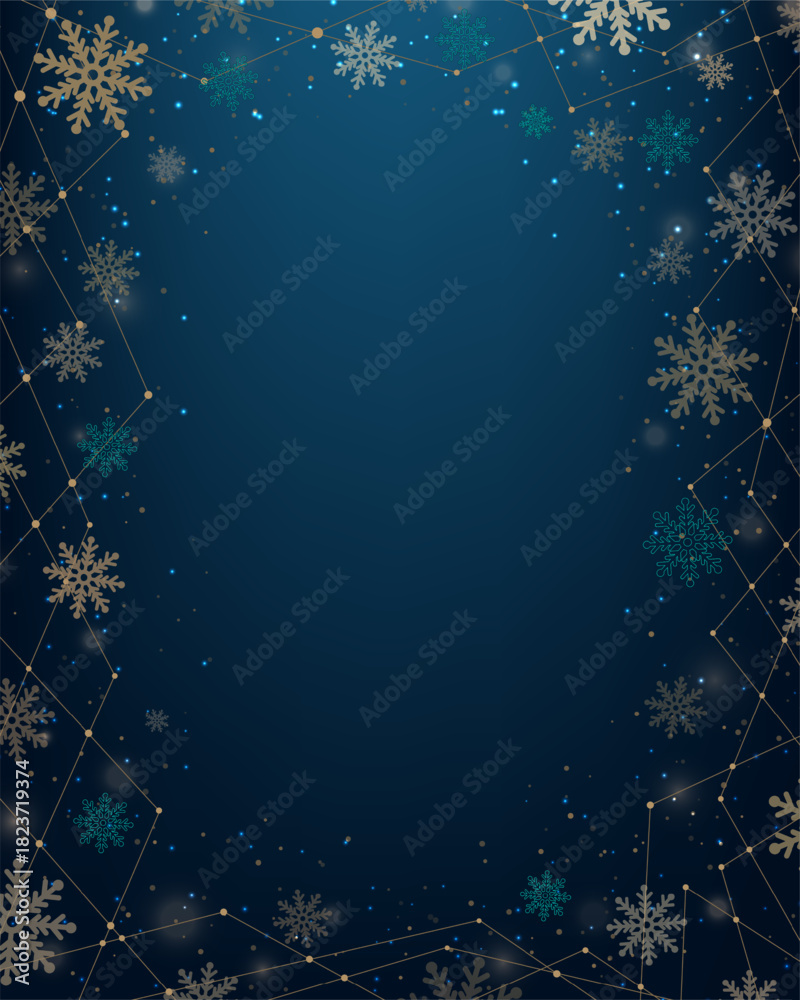Fototapeta premium winter christmas holiday background with elegant golden teal snowflakes and glowing geometric border in dark blue festive design for seasonal celebrations and luxurious decorative themes