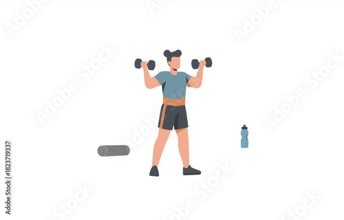 Animated man doing shoulder press with dumbbells exercise