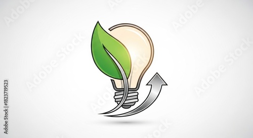 A green leaf with a light bulb inside, surrounded by a white background with a gray arrow pointing upwards.