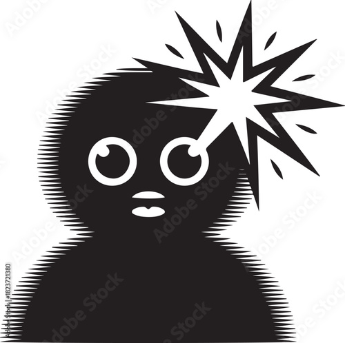 Fuzzy cartoon character with wide eyes and a starburst silhouette