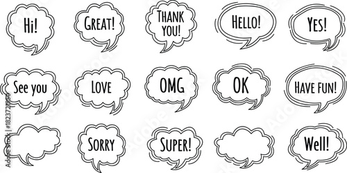 Collection of black and white cartoon speech bubbles with various short phrases and empty spaces