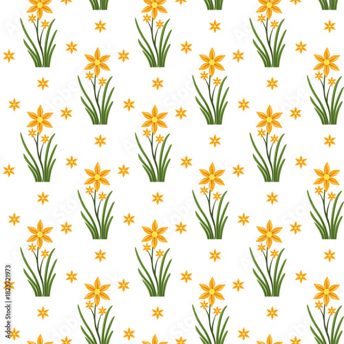 Bright Yellow Daffodil Pattern With Green Grass On White Background For Floral Design