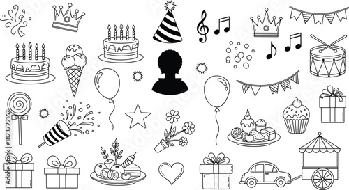 Collection of black and white doodle elements for birthday party celebration cake