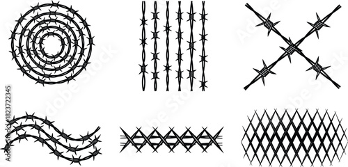 Collection of black barbed wire and fence designs on white background sharp spiky