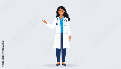 Doctor in white coat with stethoscope presenting information.