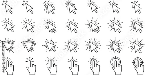 Collection of black line art cursor icons and hand pointer icons with click effect