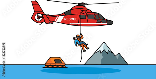 Mountain Helicopter Rescue Vector – Emergency Airlift, Red Rescue Chopper Over Ocean, Survivor Hoisting