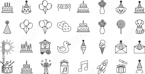Collection of black line art icons for birthday and celebration themes party cake