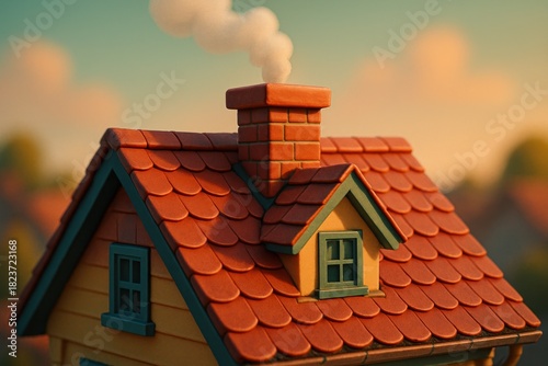 A detailed image of a miniature house with smoke billowing from the brick chimney
