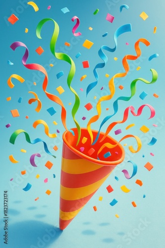 A festive illustration of a party popper exploding with confetti and colorful streamers
