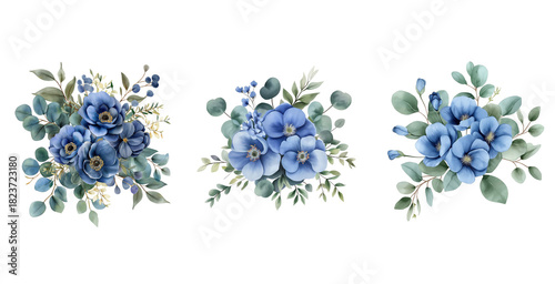 Watercolor Blue Flowers and Eucalyptus Greenery Bouquet PNG. Blue Floral Bouquet with Eucalyptus Watercolor Set.