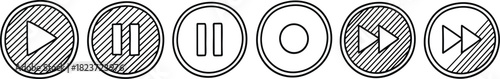 Collection of six circular media playback control icons with black outlines and striped fill