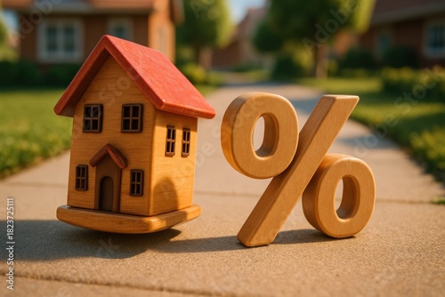 Fototapeta Naklejka Na Ścianę i Meble -  A small house next to a large percentage sign on a walkway, outdoors