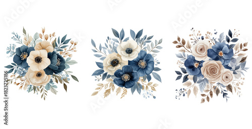 Dusty Navy Blue and Beige Floral Bouquet Watercolor Set PNG. Watercolor Navy and Beige Flower Bouquet Set Isolated.
