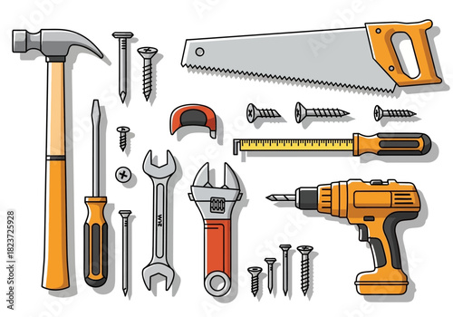 Assorted Hand Tools: Hammer Saw Screwdriver Wrenches Drill Tape Measure Nails and Screws.