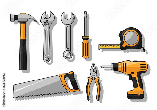 Assorted Hand Tools: Hammer Wrenches Screwdriver Tape Measure Saw Pliers and Drill.