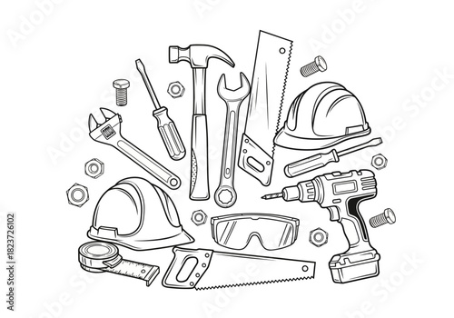 Hand-Drawn Construction Tools and Safety Gear Illustration in Black and White.