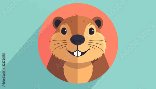 Cartoon beaver with buck teeth on a coral circle against a teal background.
