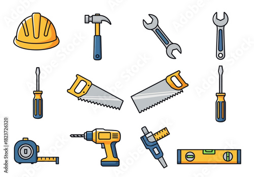 Cartoon Style Construction Tools: Hard Hat Hammer Saws Wrenches Drill and More.