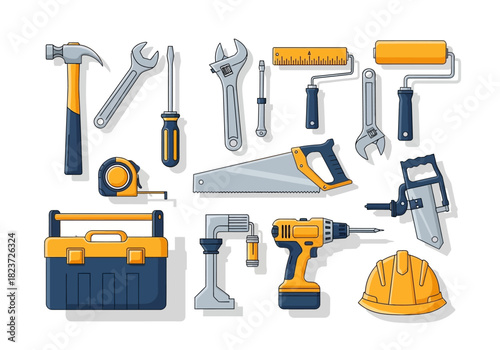 Illustration of Various Hand Tools and a Hard Hat in Blue and Yellow.