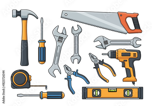 Assorted Hand Tools: Hammer Screwdrivers Wrenches Saw Pliers Drill Level and Tape Measure.