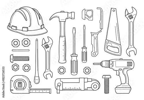 Outlined Construction and Repair Tools Collection.