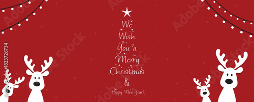 Cute Christmas reindeer on a red background. Christmas background, banner, or card. New trending vector illustration.