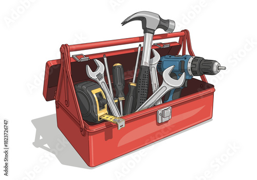 Red Toolbox Filled with Assorted Hand Tools and a Blue Cordless Drill.