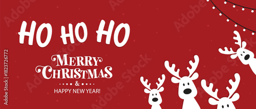 Cute Christmas reindeer on a red background. Christmas background, banner, or card. New trending vector illustration.