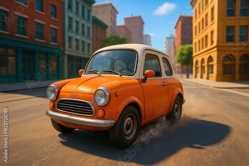 Fototapeta Naklejka Na Ścianę i Meble -  An orange and white small classic car drives down a city street