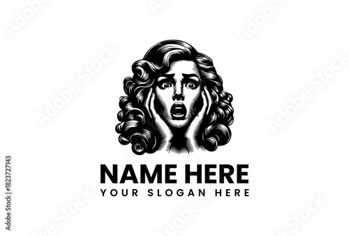 Monochrome vector logo illustration of a horrified woman with curly hair screaming in terror, classic comic book style 98