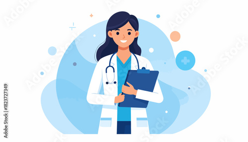 Illustration of a female doctor holding a clipboard, wearing a white coat and stethoscope.