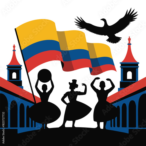 Colombian Culture Celebration Vector Illustration: Flag, Traditional Dancers, and Andean Condor Silhouette