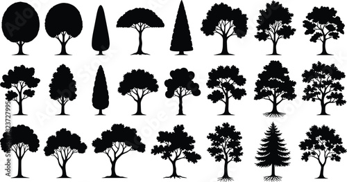 Diverse tree silhouette vector set, including deciduous and coniferous shapes, for landscape design, nature, and forestry concepts.