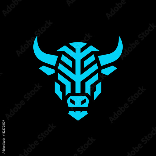A modern, stylized graphic of a powerful bull's head in vibrant cyan on a black background.