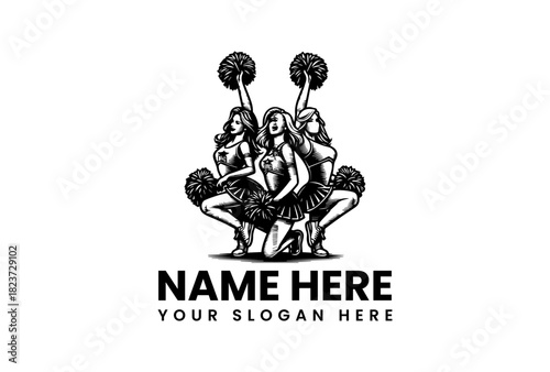 dynamic vector logo illustration of three energetic cheerleaders with pom-poms, perfect for sports teams and events