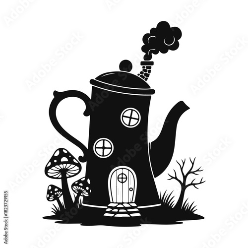 A cute cartoon teapot-shaped house with a curved spout and a cozy door. Fantasy house, teapot house, cute home, fairytale style, cozy design