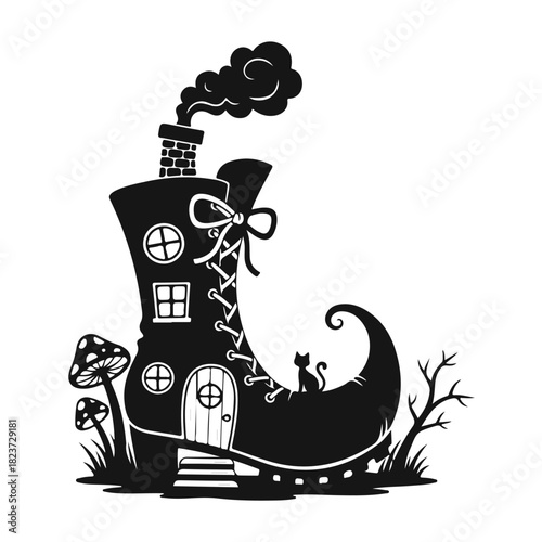 Cartoon boot-shaped house with windows, door and playful details in a cute fantasy style. Cartoon boot house, fairy home, cute cottage, fantasy house, kids illustration