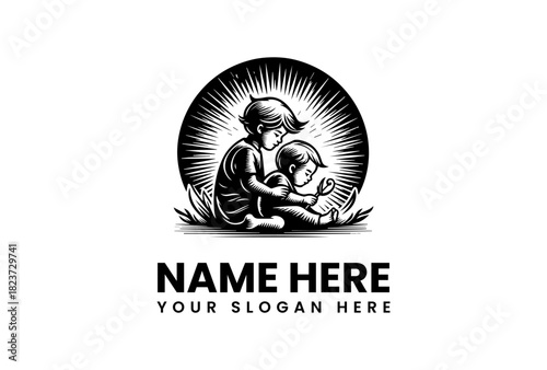 An older brother comforting his younger sibling in a vintage hand drawn woodcut style, a heartwarming family care vector logo illustration