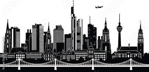Frankfurt am Main Germany Skyline Silhouette Vector, Financial District Skyscrapers, Historic Churches, Bridge, and Airplane, Travel