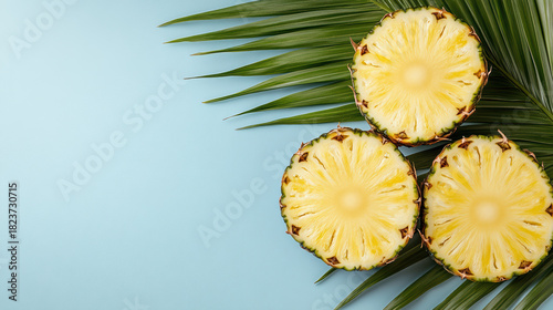 Ripe pineapple half palm leaf summer breeze bright tropical snack