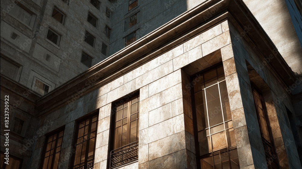Obraz premium Low angle view of a classic stone building facade with large windows.