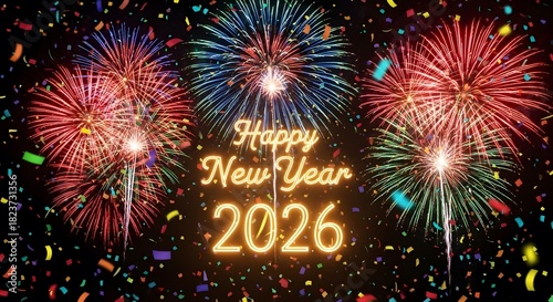 Happy new year 2026 celebration with colorful fireworks display in the night sky