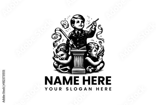 An ornate black and white vector logo illustration of a young master artisan statue with a brush and gavel, flanked by artistic cherubs