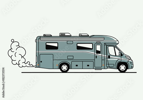 Cartoon RV with Exhaust Fumes Side View on White Background.