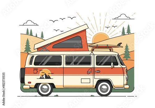 Illustrated Camper Van with Surfboard and Pop-Up Roof in Nature.